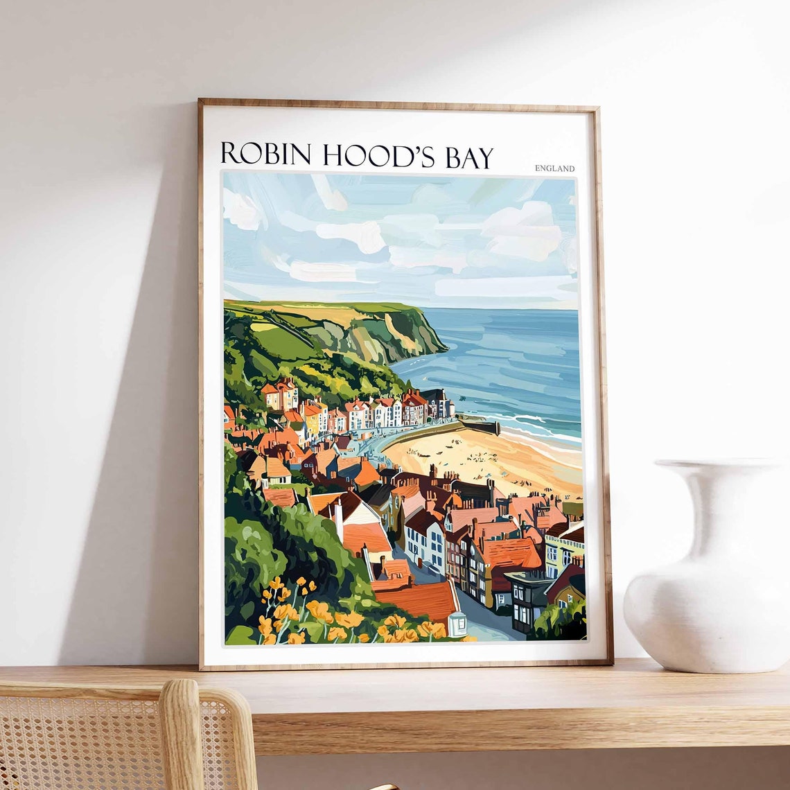 Robin Hood's Bay England Elevated Town View Cliffs Travel Poster