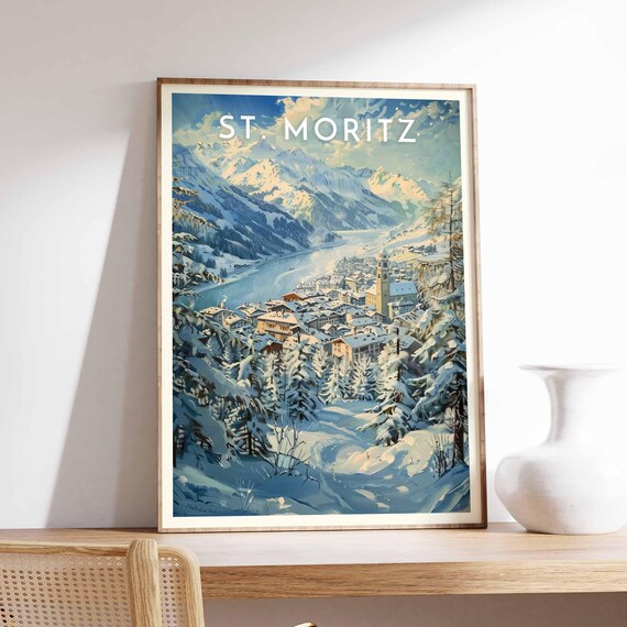 St. Moritz Switzerland Watercolor Town Among Frosted Pines Poster