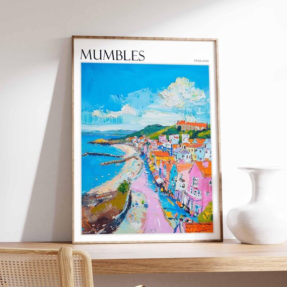 Mumbles England Aerial Pastel Town Bay Hilltop Fort View Poster