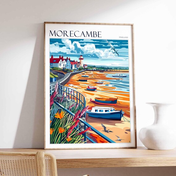 Morecambe England Low Tide Boats Golden Sand Lighthouse Poster