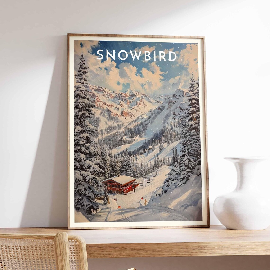 Snowbird Utah Red Lodge Chairlifts Snow Laden Pines Powder Travel Poster