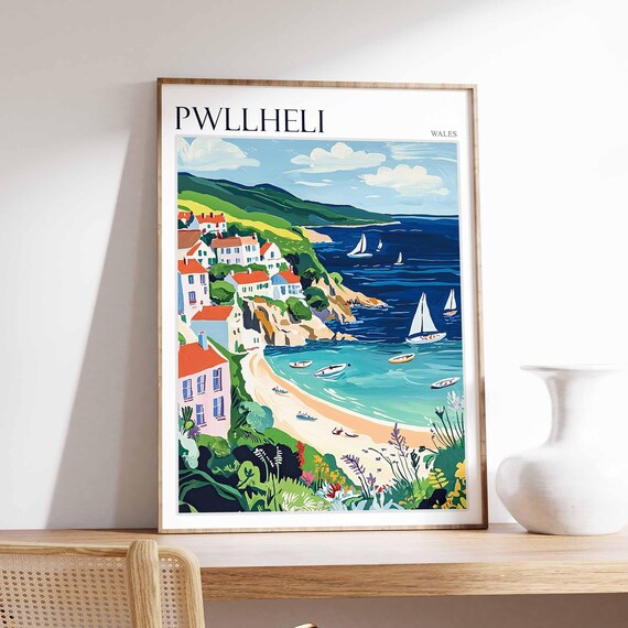 Pwllheli Wales Red Roof Village Sailboats Sandy Cove Art Poster