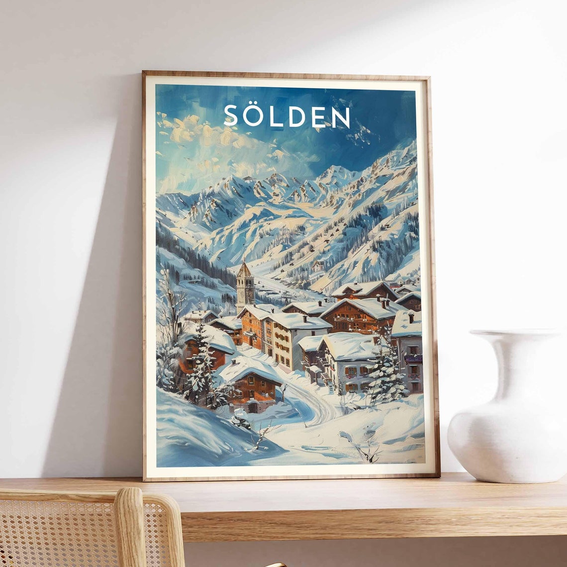 Sölden Austria Watercolor Village Church Glacier Peaks Poster