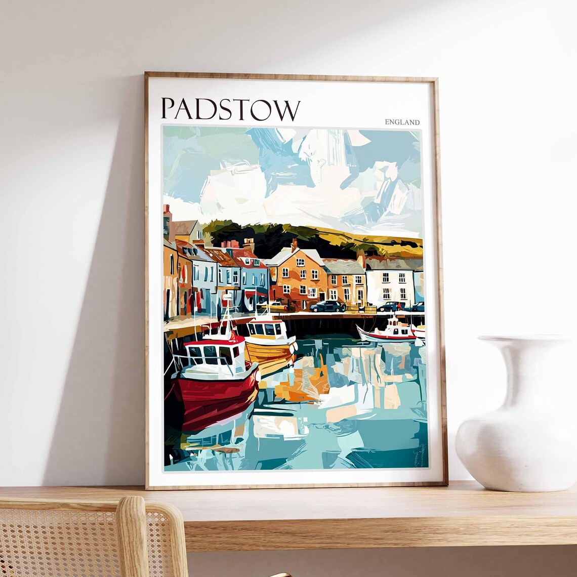Padstow England Fishing Boats Harbor Scene Vintage Travel Poster