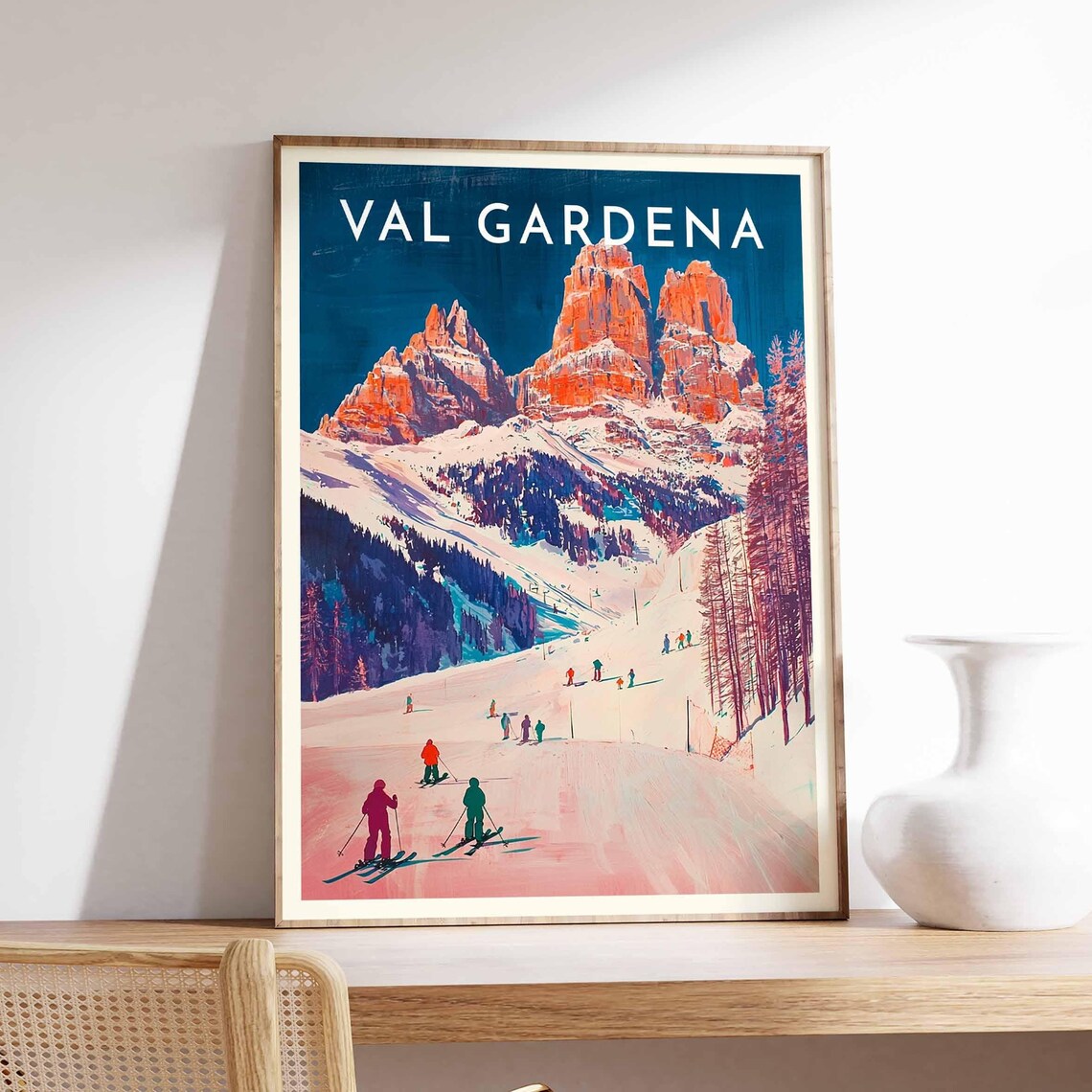 Val Gardena Italy Red Dolomite Towers Skiers Pink Slope Poster