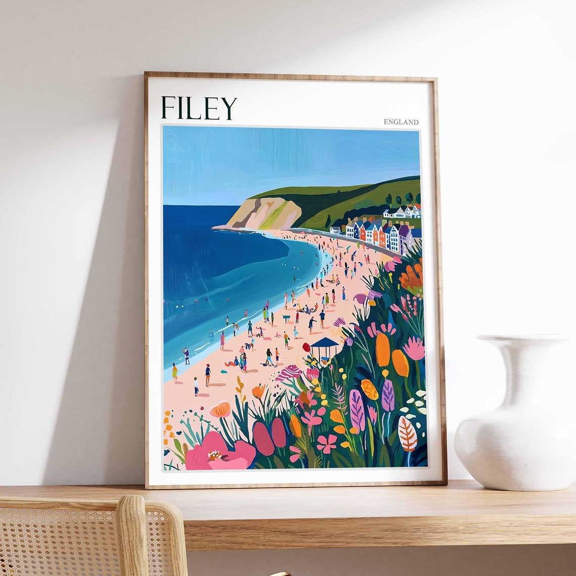Filey England Crowded Beach Flowers Chalk Headland Illustration Poster
