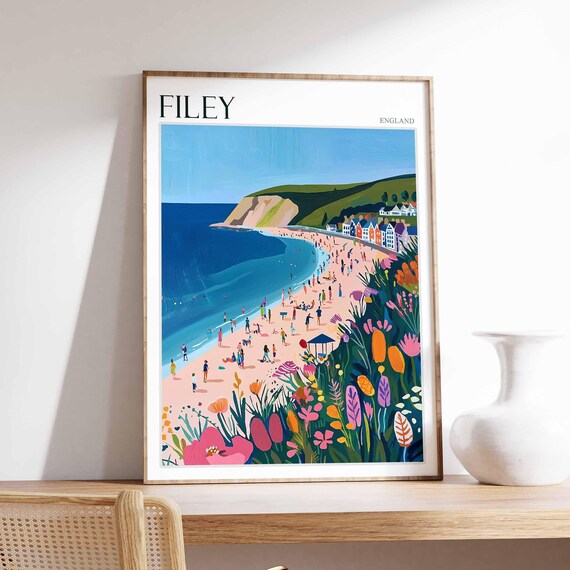 Filey England Crowded Beach Flowers Chalk Headland Illustration Poster