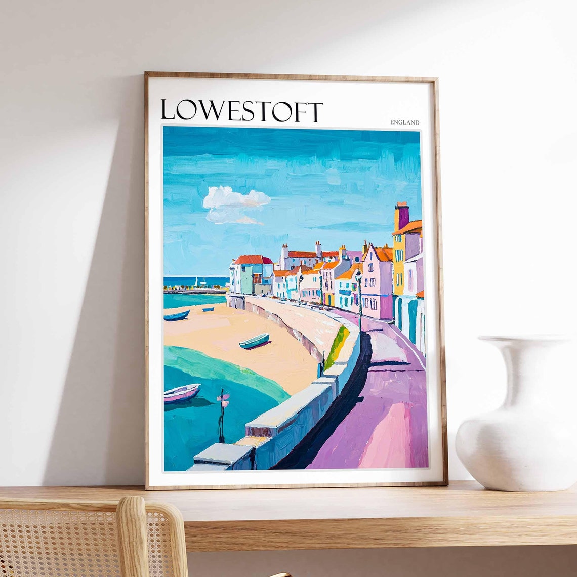 Lowestoft England Curving Promenade Beach Teal Sea Houses Poster