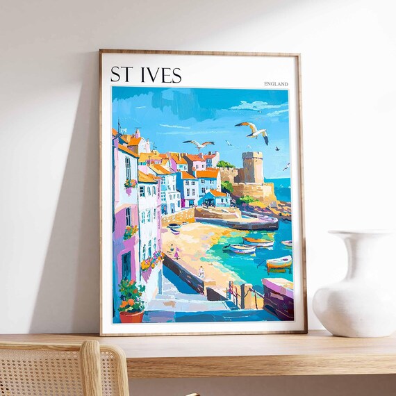 St Ives England Harbor Seagulls Colorful Cottages Travel Poster