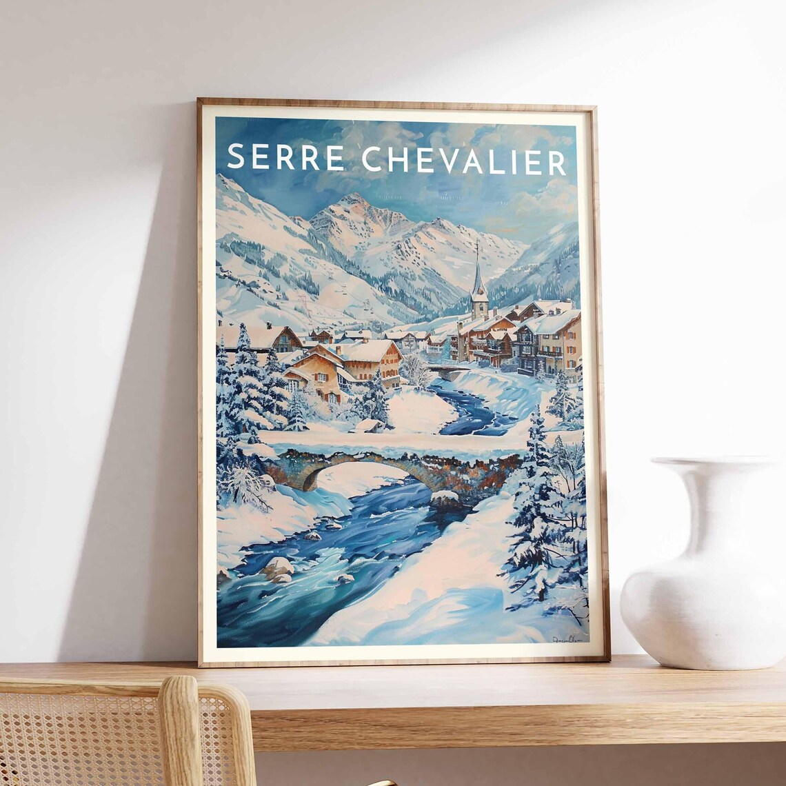 Serre Chevalier France Village Church Above Winding Blue River Poster