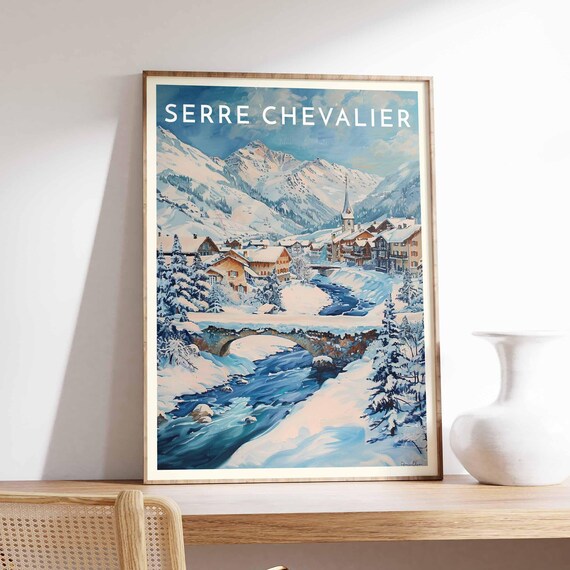 Serre Chevalier France Village Church Above Winding Blue River Poster