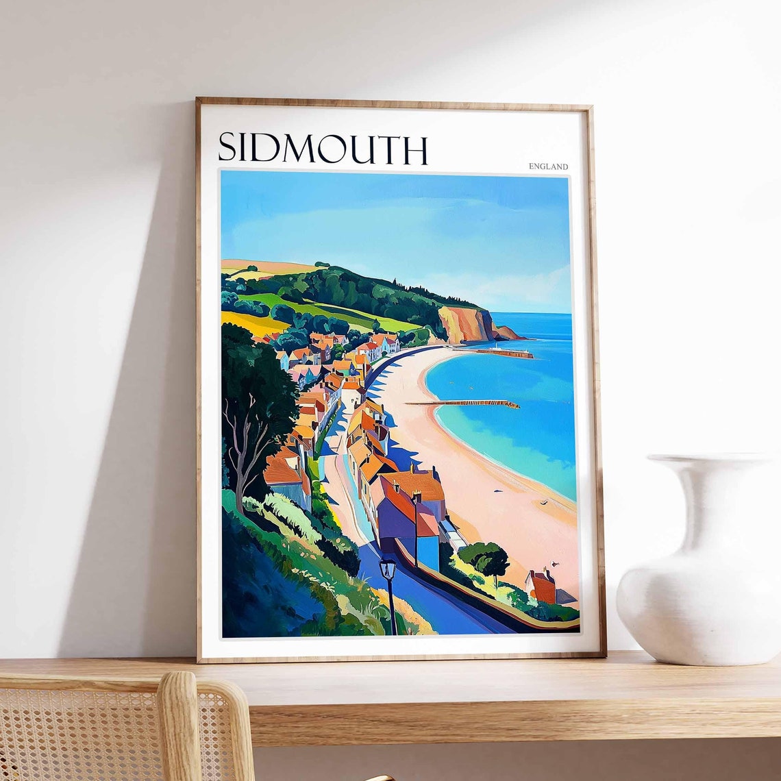 Sidmouth England Curved Beach Coastal Road Red Cliffs Art Poster