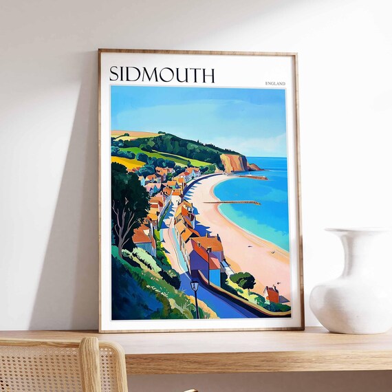 Sidmouth England Curved Beach Coastal Road Red Cliffs Art Poster