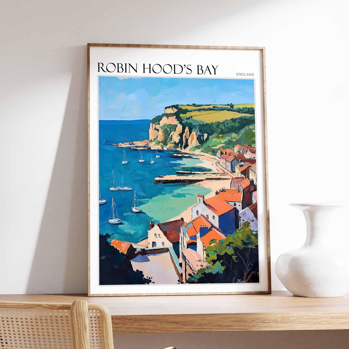 Robin Hood's Bay England Anchored Sailboats Rocky Cliffs Poster
