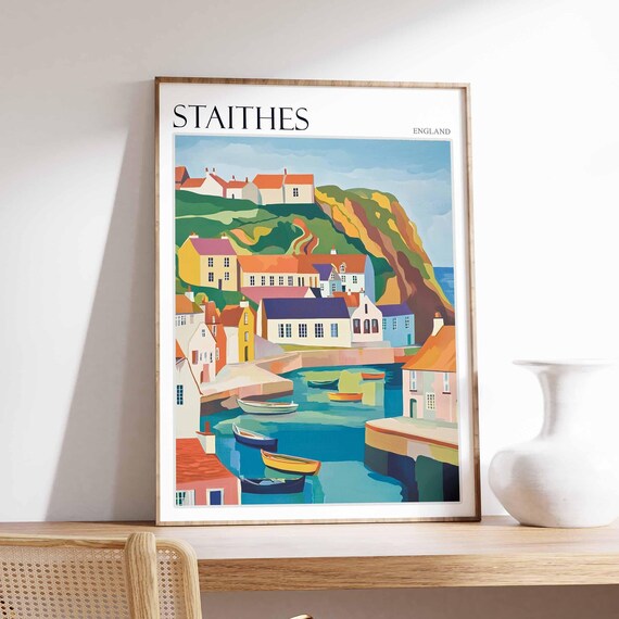 Staithes Harbor Basin Boats Cliffs Colorful Village England Art Poster