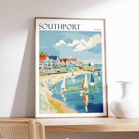 Southport England Sailboats on Turquoise Bay Beach Scene Poster