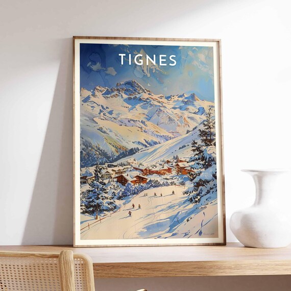 Tignes Snowy Peaks Rising Above Skiers on Gentle Slopes Poster