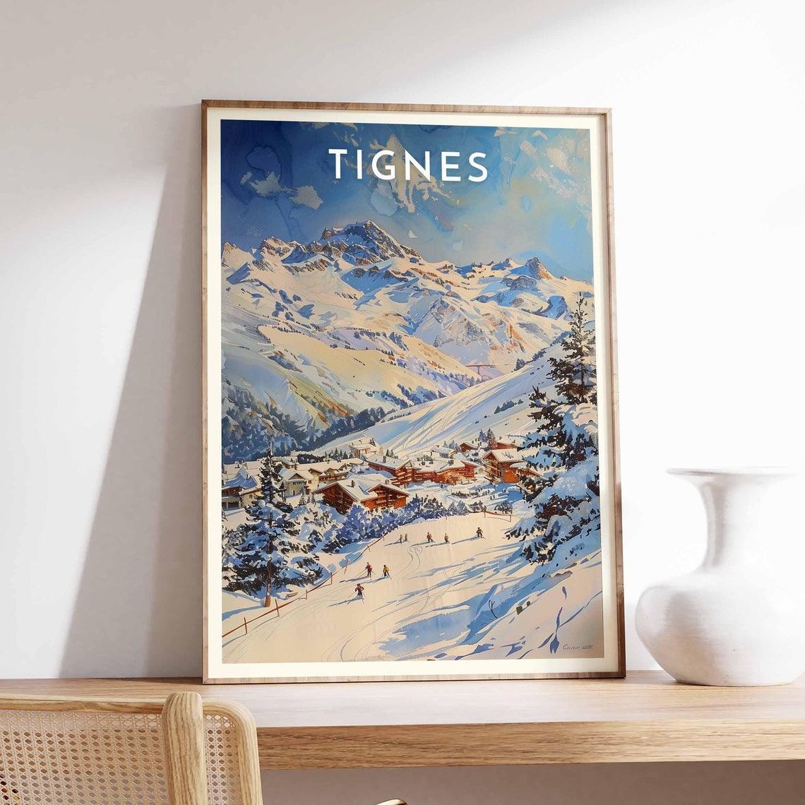 Tignes Snowy Peaks Rising Above Skiers on Gentle Slopes Poster