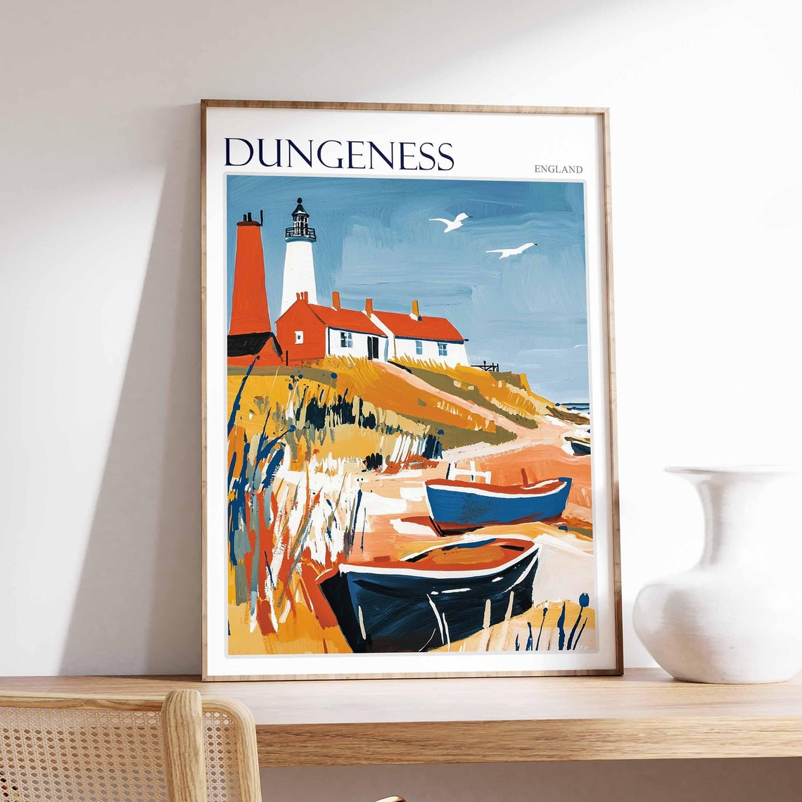 Dungeness England White Lighthouse and Beached Rowboats Poster