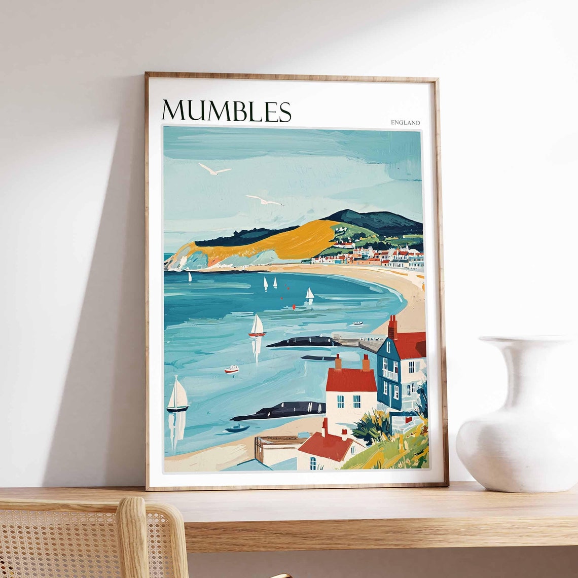 Mumbles Golden Headland Beach Sailboats England Travel Poster