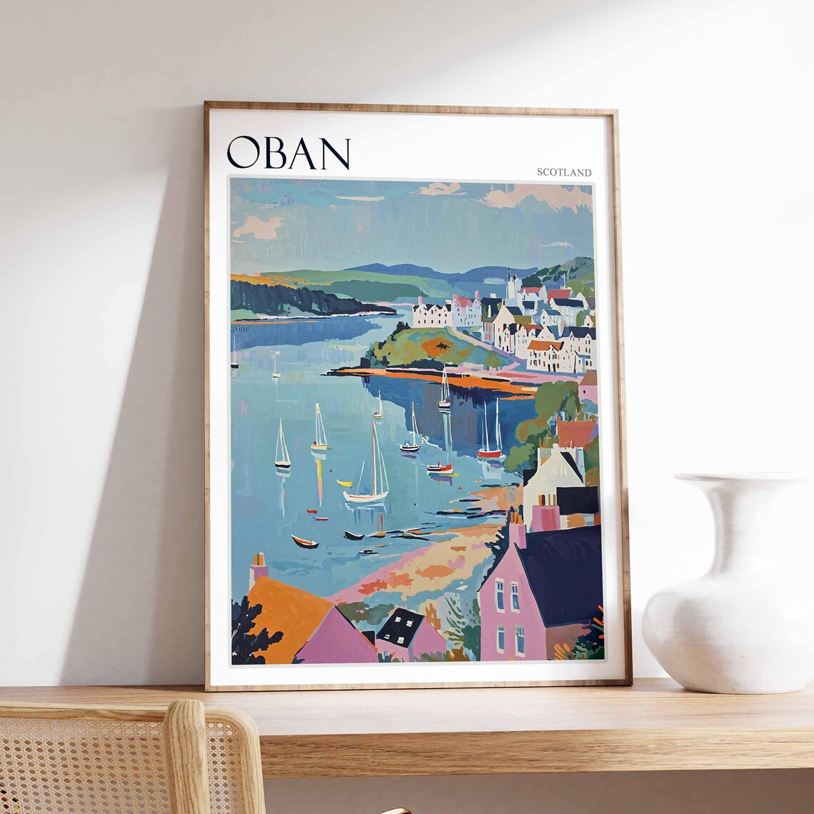 Oban Sailboats Across the Bay Harbor Town Scotland Travel Poster