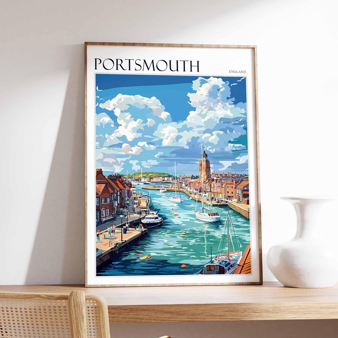 Portsmouth England Bright Marina Boats Bold Illustration Poster