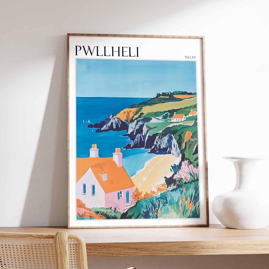 Pwllheli Wales Pink Cottage Orange Roof Rocky Headland Sea Poster