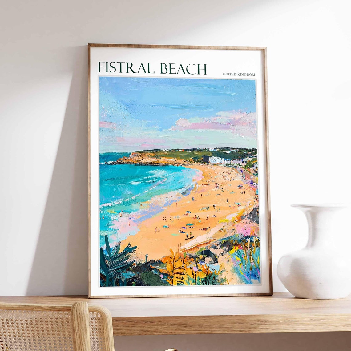 Fistral Beach United Kingdom Busy Shoreline Cliffs Surf Poster