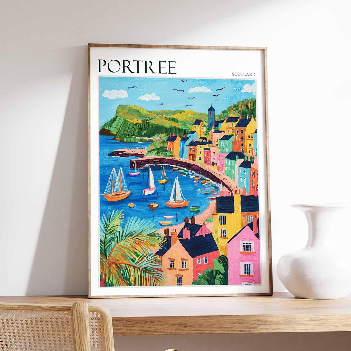 Portree Scotland Sailboat Filled Bay Vibrant Waterfront Art Poster