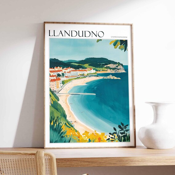 Llandudno United Kingdom Curved Sandy Bay Pier Town Seaside View Poster
