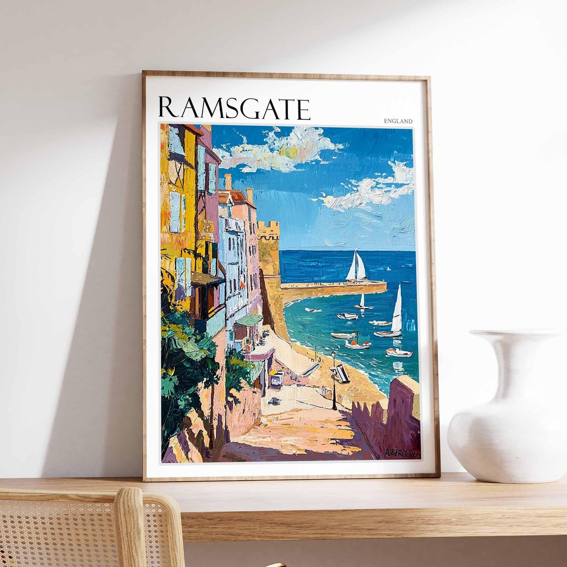 Ramsgate England Impasto Harbor Sailboats Oil Painting Poster