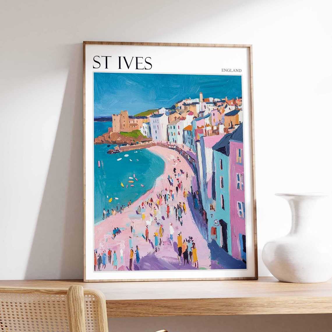 St Ives England Pink Beach Crowd Summer Coastal Cliffs View Poster