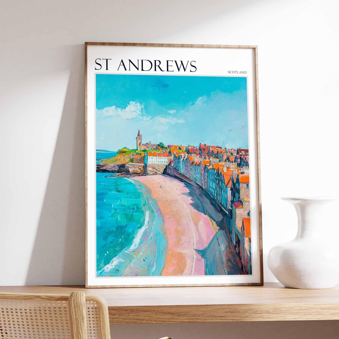 St Andrews Scotland Turquoise Beach Tower Town Sunny Painting Poster
