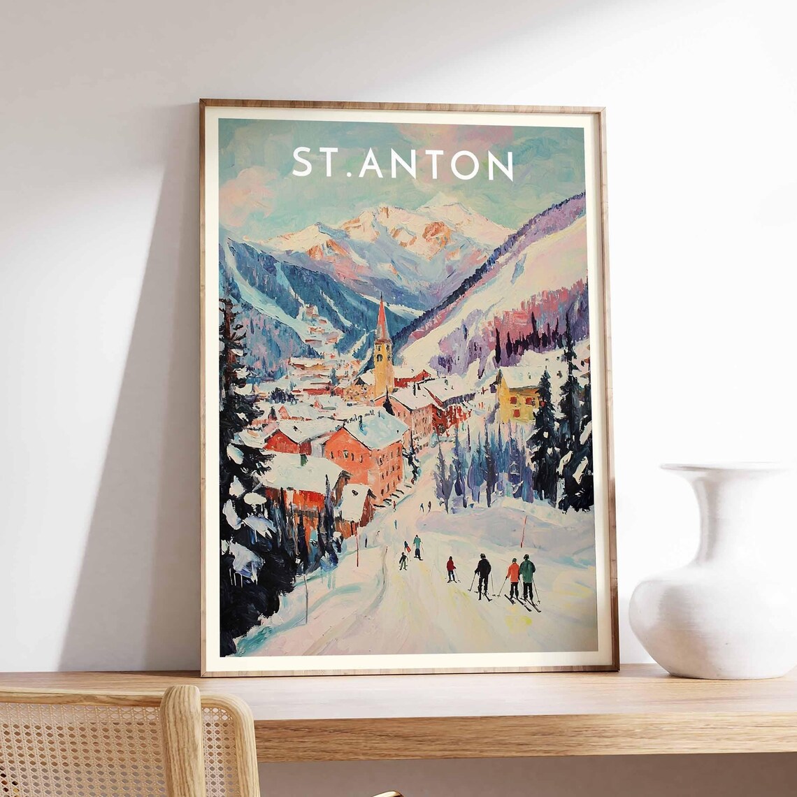 St. Anton Austria Watercolor Church Spire and Skiers Resort Poster