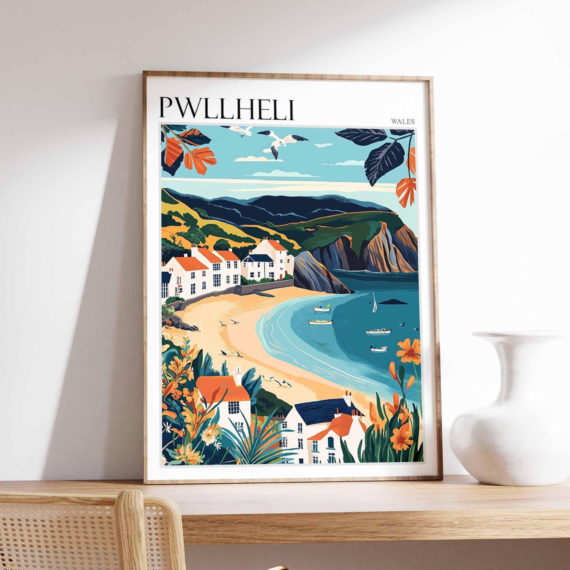 Pwllheli Wales Boat Bay White Houses Floral Border Seagulls Poster