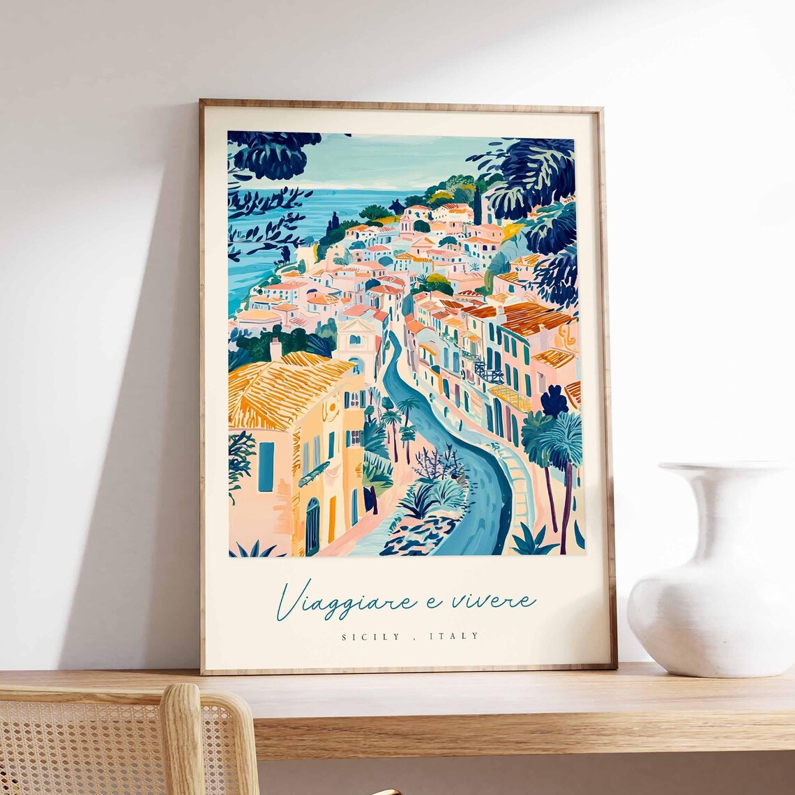 Sicily Italy Coastal Town Poster Aerial Seaside Village With Palms Art