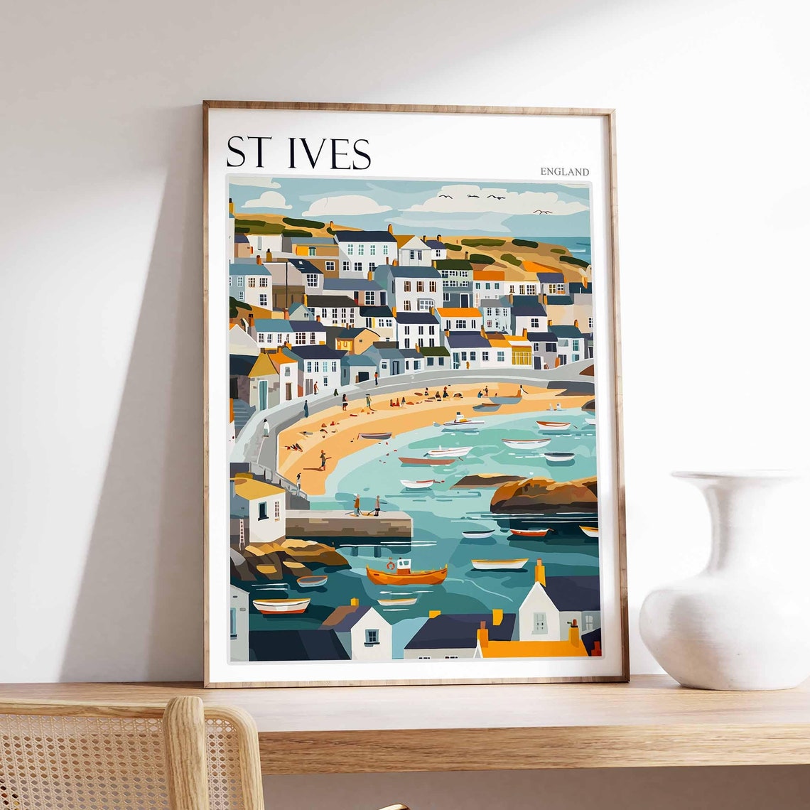 St Ives England Pastel Town Harbor Boats Sunny Beach View Poster