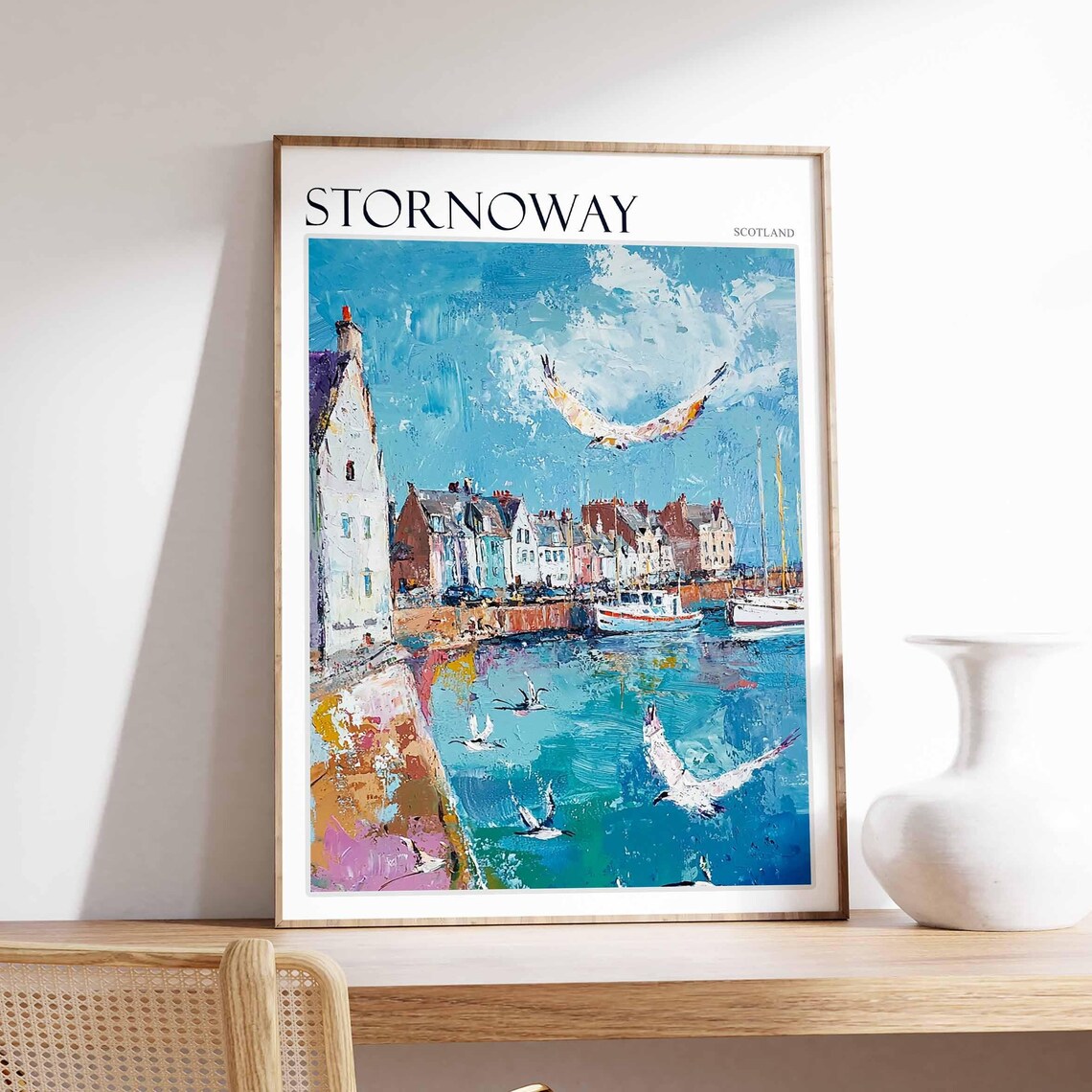 Stornoway Seagulls Harbor Boats Blue Painterly Scotland Travel Poster