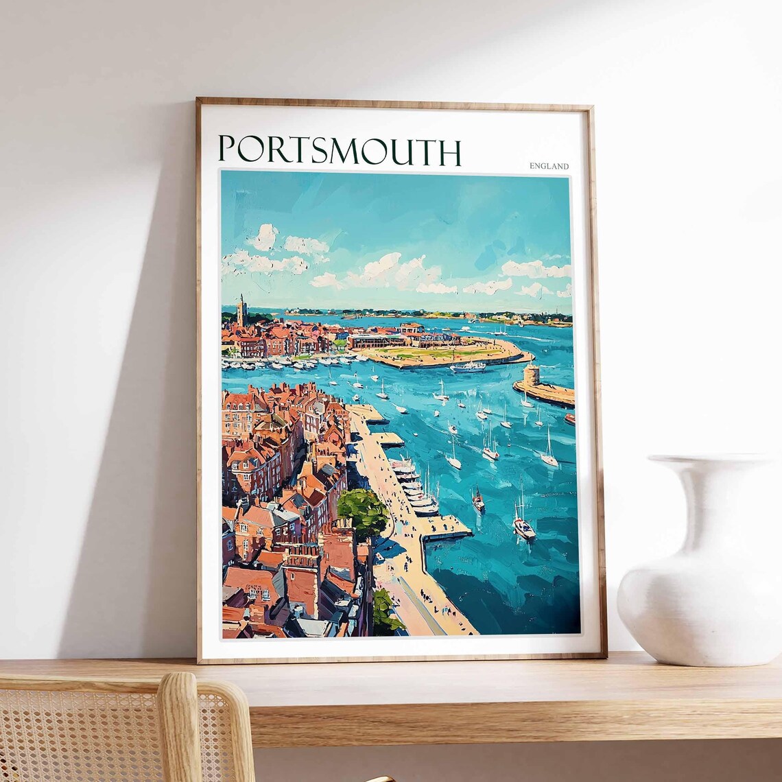 Portsmouth England Harbor Yacht Aerial View Colorful Art Poster