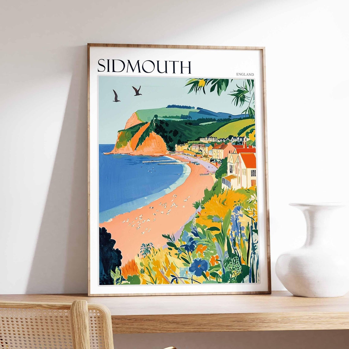 Sidmouth England Beach Red Cliffs Wildflowers Seaside View Poster
