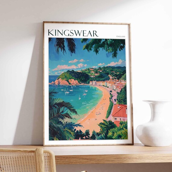 Kingswear England Golden Crescent Beach Turquoise Bay Travel Poster