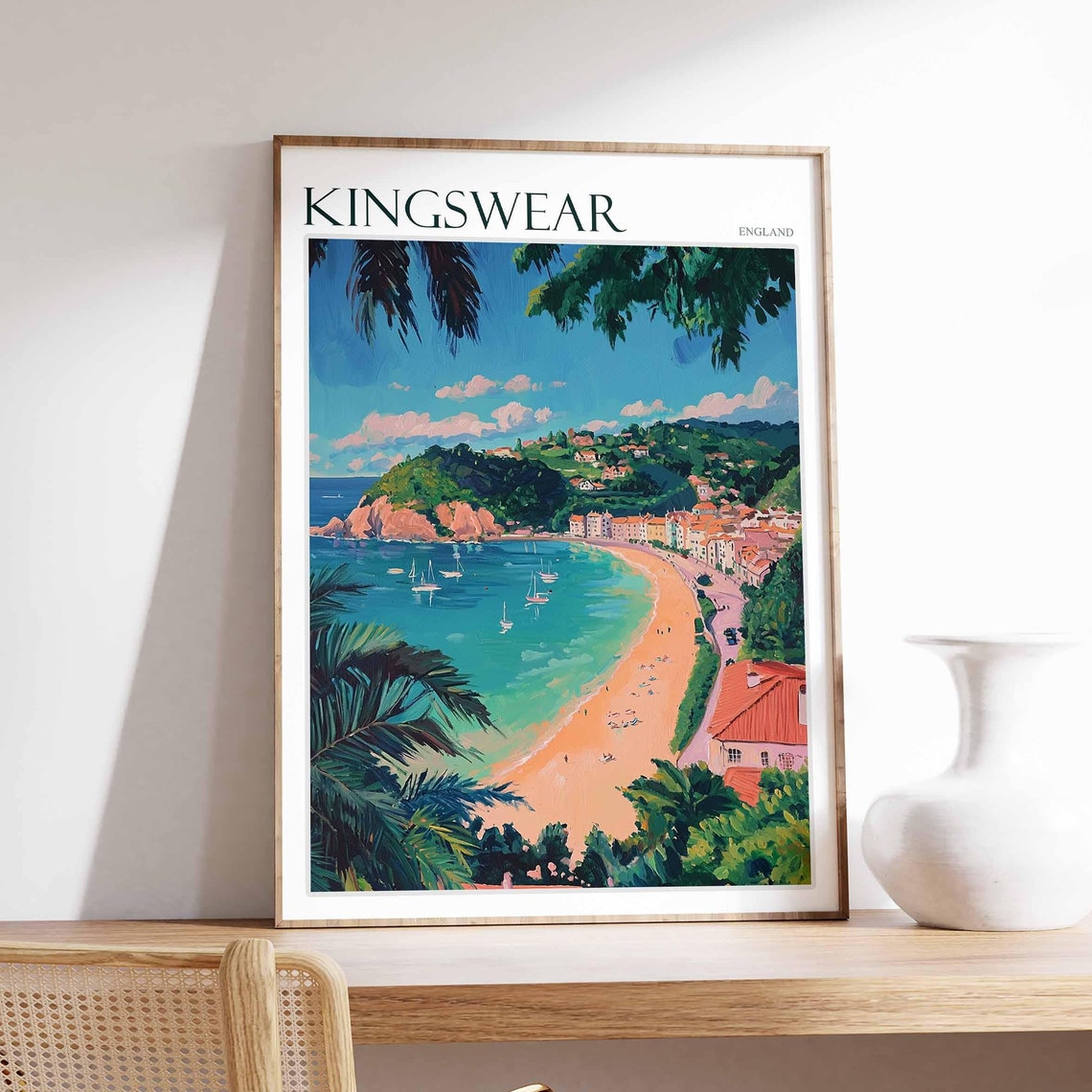 Kingswear England Golden Crescent Beach Turquoise Bay Travel Poster