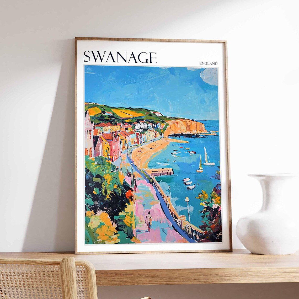 Swanage Bay Sailboats Cliffs Colorful Seaside Dorset Travel Poster