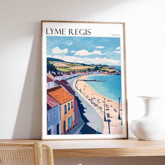 Lyme Regis England Sweeping Bay Curved Beach Hills Painting Poster