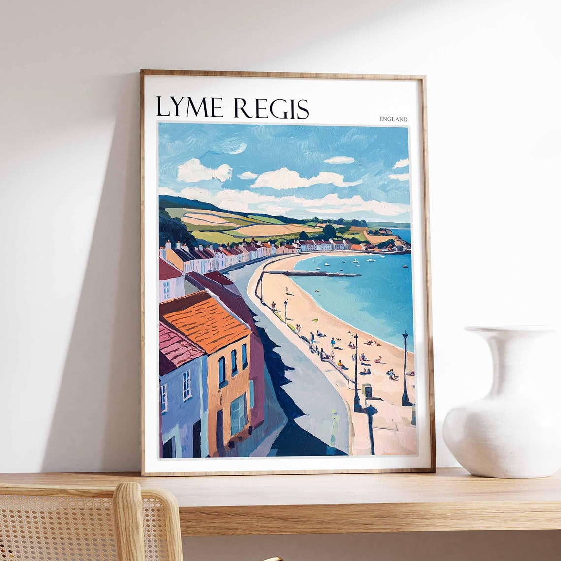 Lyme Regis England Sweeping Bay Curved Beach Hills Painting Poster