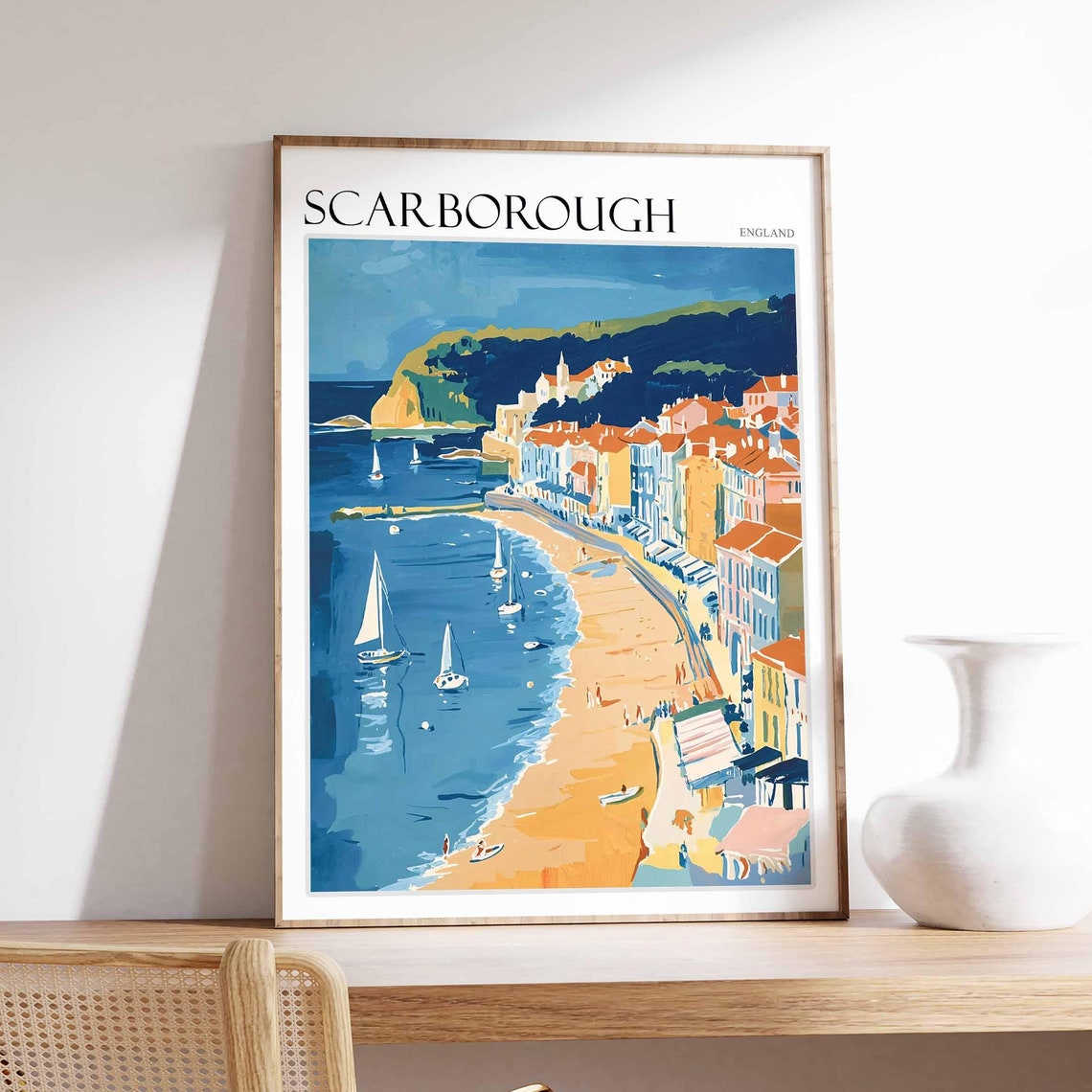 Scarborough Curved Sandy Bay Sailing Boats Poster England Coast