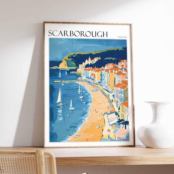 Scarborough Curved Sandy Bay Sailing Boats Poster England Coast