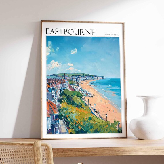 Eastbourne Aerial View Red Roof Houses Long Beach Painting Poster