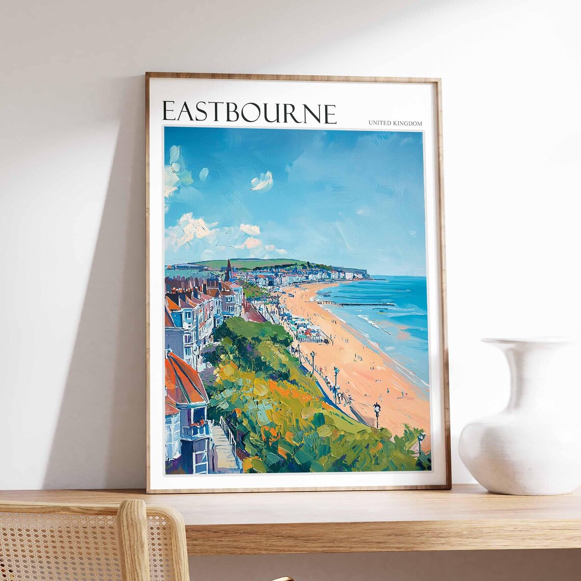 Eastbourne Aerial View Red Roof Houses Long Beach Painting Poster