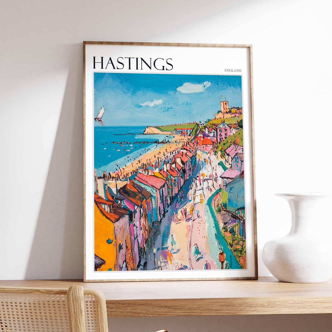 Hastings Impressionist Bustling Beach Colorful Old Town Seaside Poster